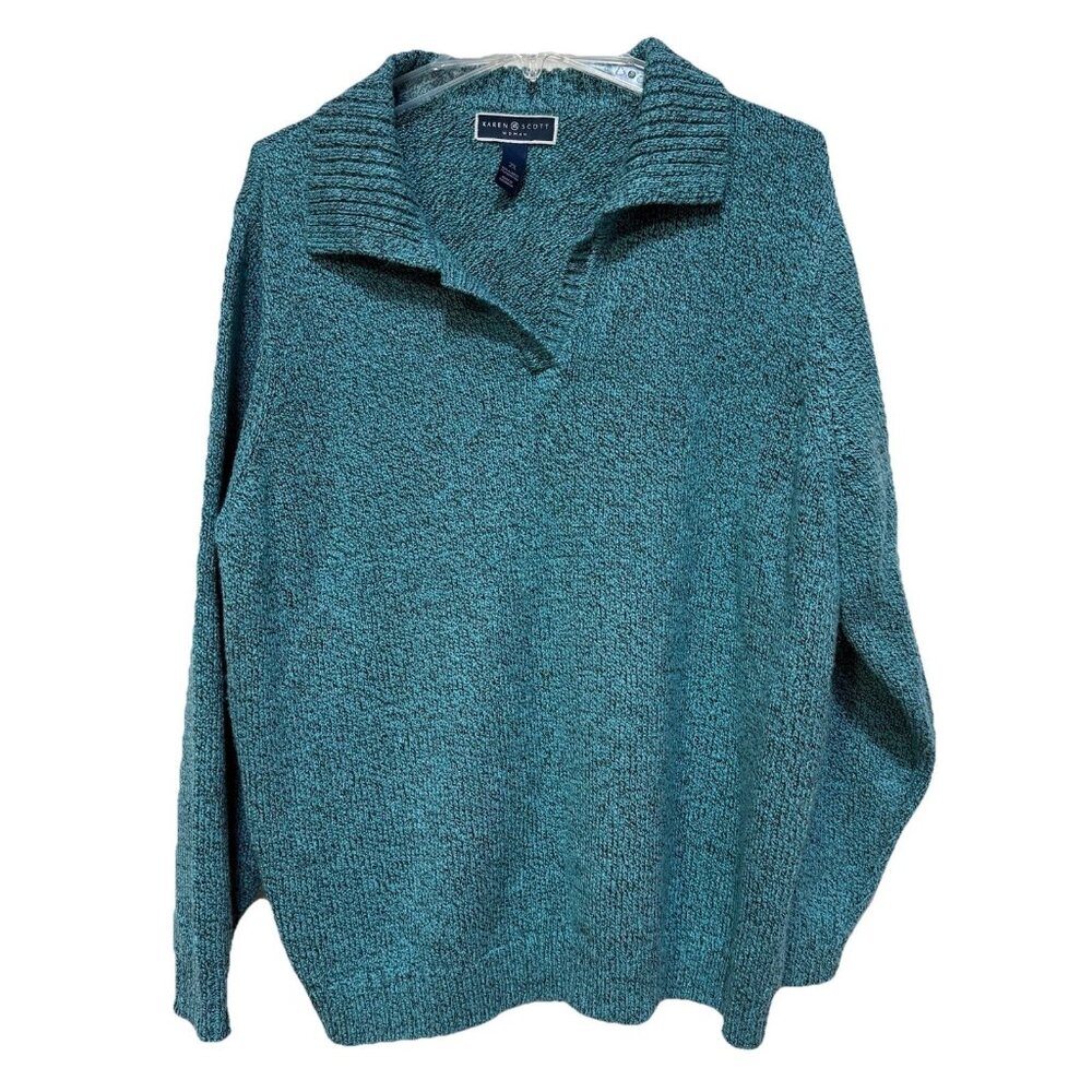 Karen Scott Sweater Womens Size 2X Long Sleeve Pullover V Neck Knit Blue Teal
